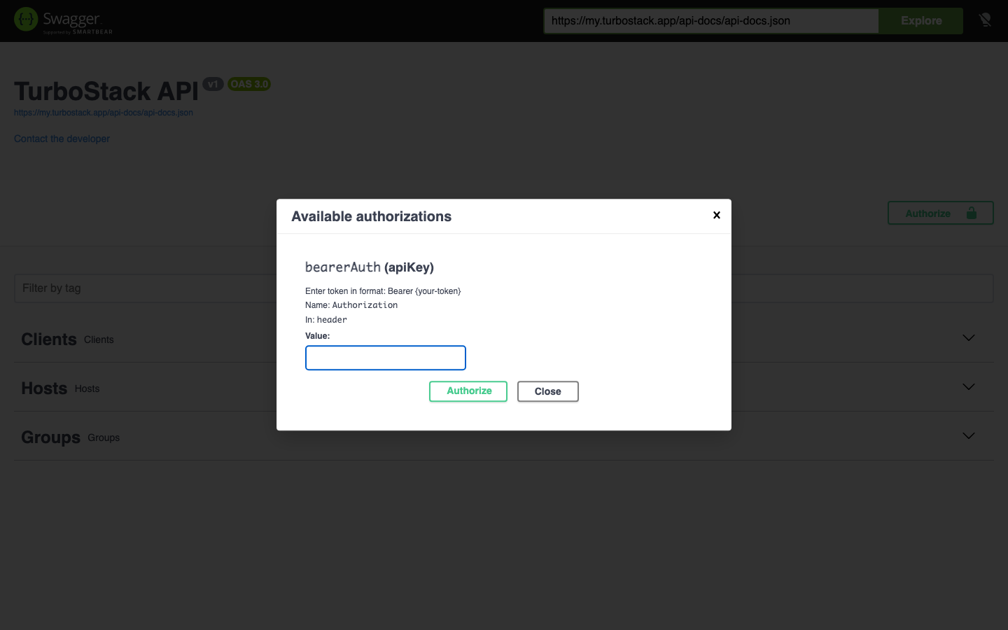 The Swagger Authorize dialog for the bearer token|1000