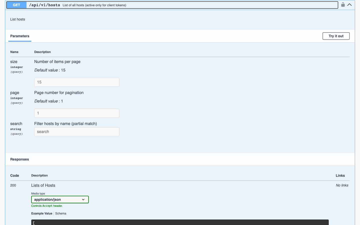 The GET /api/v1/hosts endpoint expanded in Swagger UI, showing its query parameters and its 200 response|1000