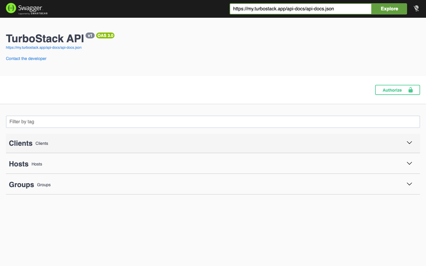 The TurboStack API in Swagger UI, grouped into Clients, Hosts and Groups|1000