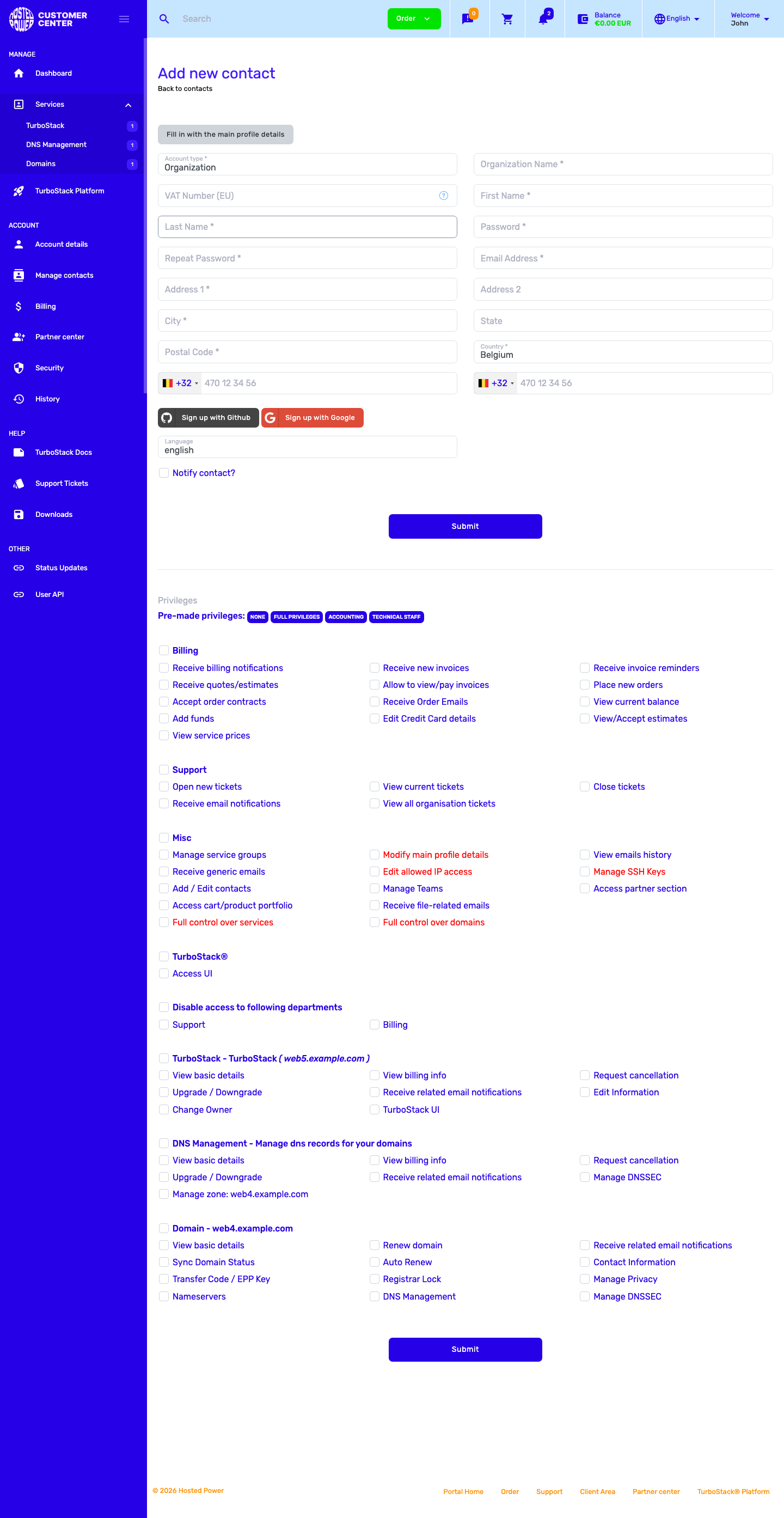The Add new contact form - name, email and password fields - with the permission groups below it|1000