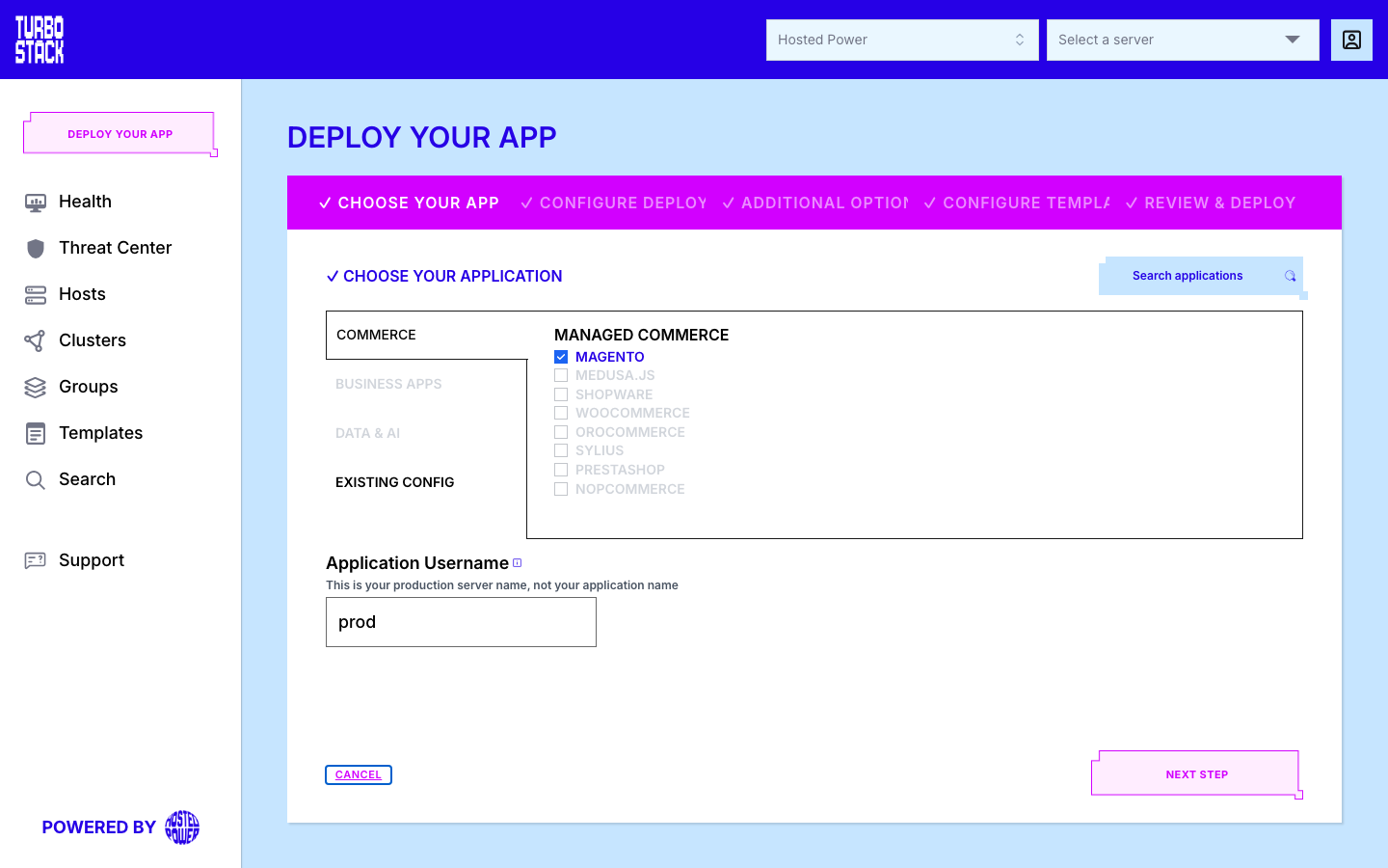 Step 1 with Magento selected and the Application Username filled in