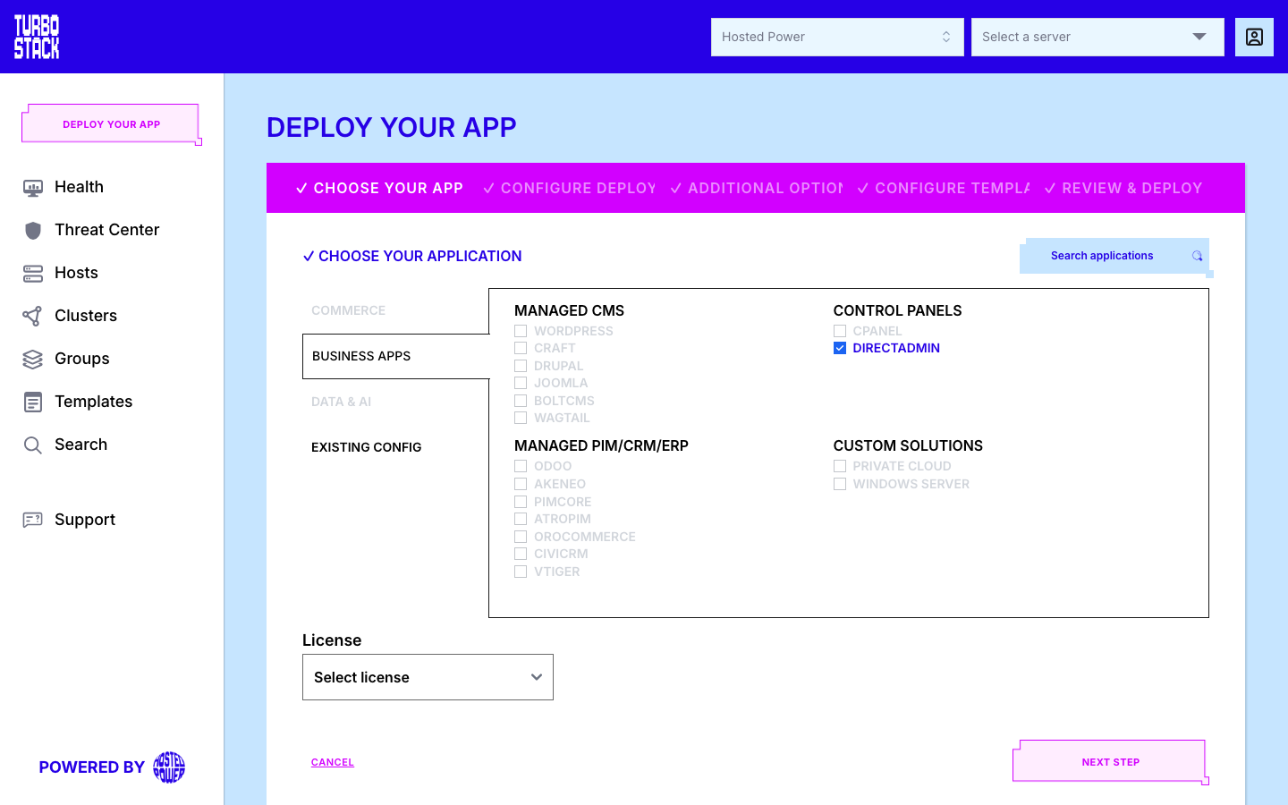 Step 1 with DirectAdmin selected, which asks for a license instead of a username