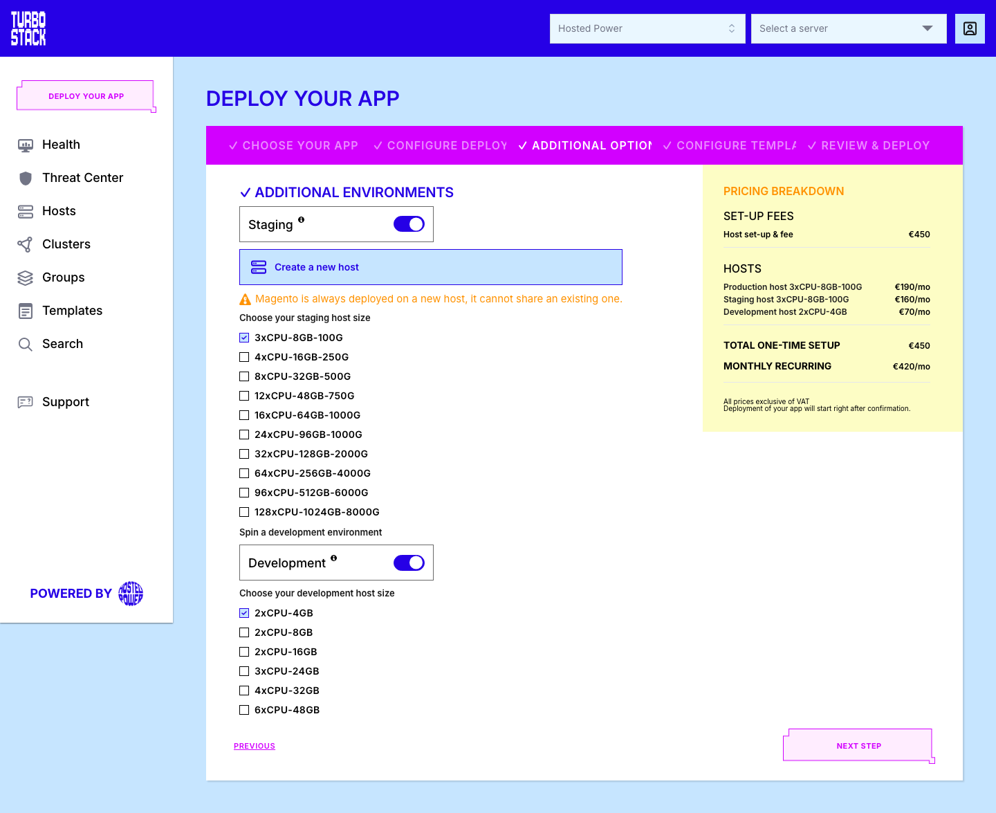 Step 3 with a staging and a development host size selected