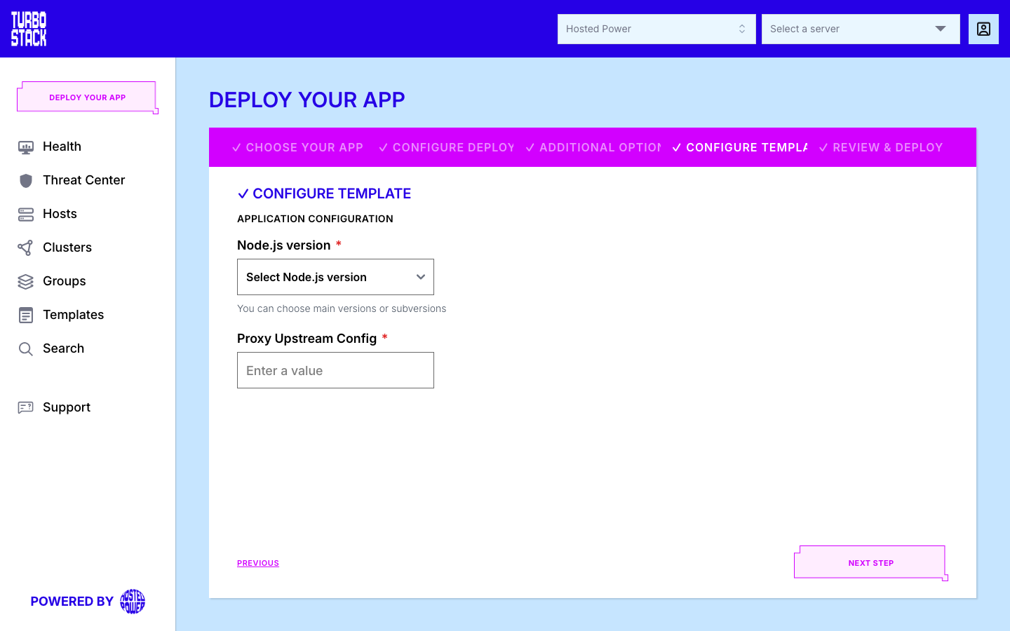 Step 4 for Node.js, which asks for the version and the proxy configuration
