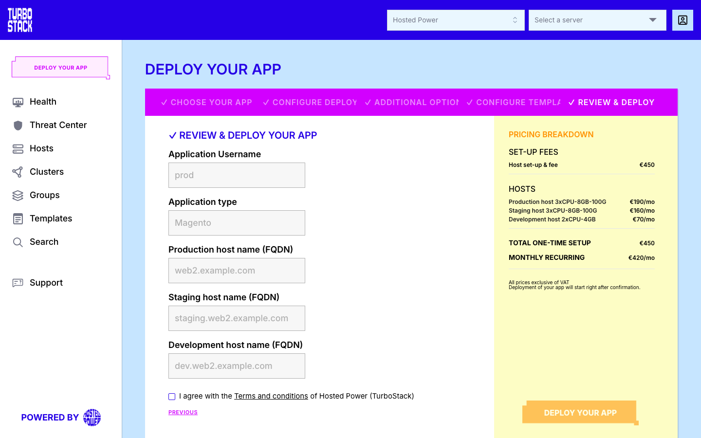 Step 5 with the summary, the terms checkbox and the price breakdown