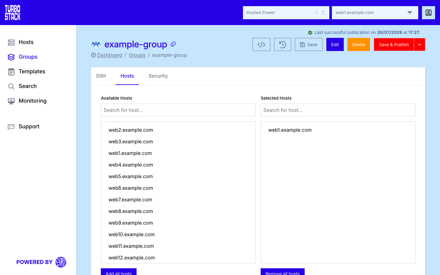 The Hosts tab of a group, with the Available Hosts and Selected Hosts lists and the Add all hosts and Remove all hosts buttons|1000