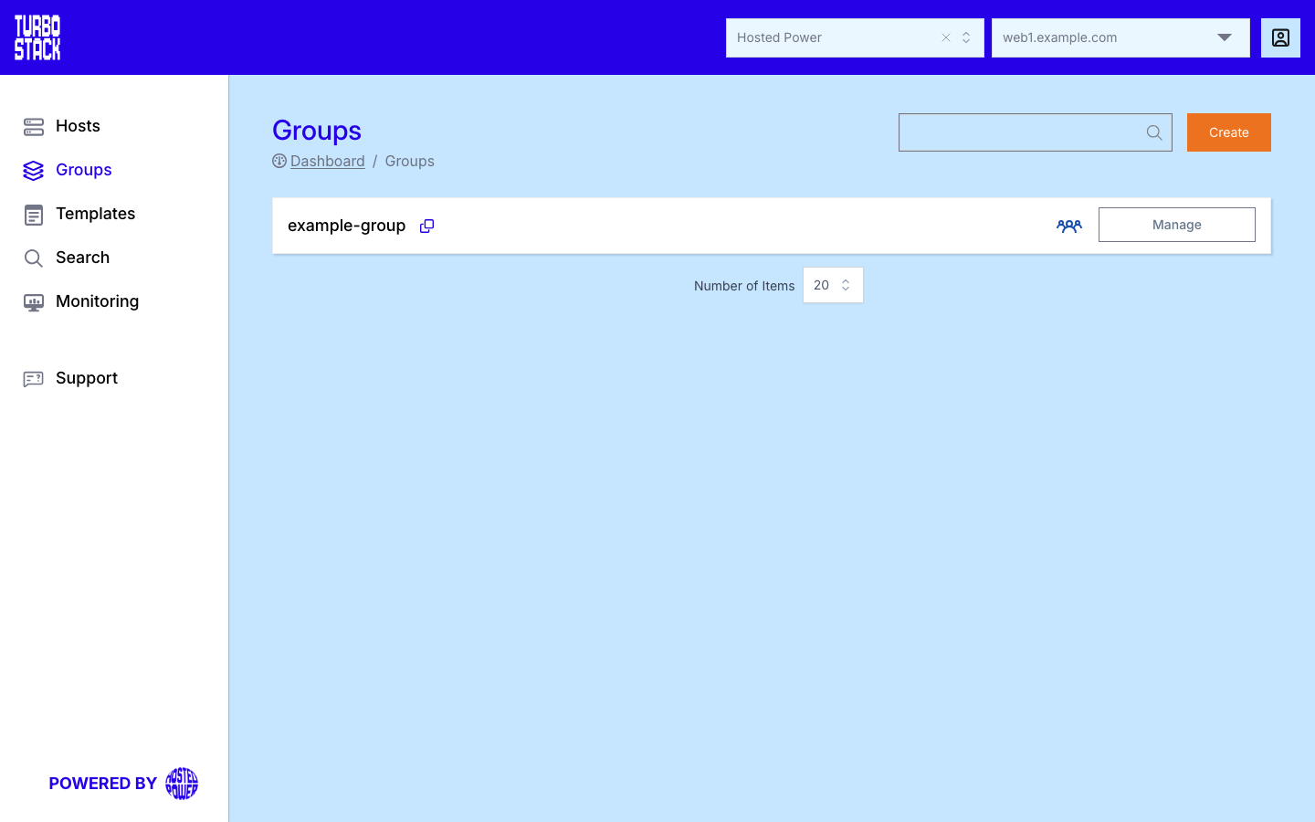 The Groups overview page, listing each group with its Manage button|1000