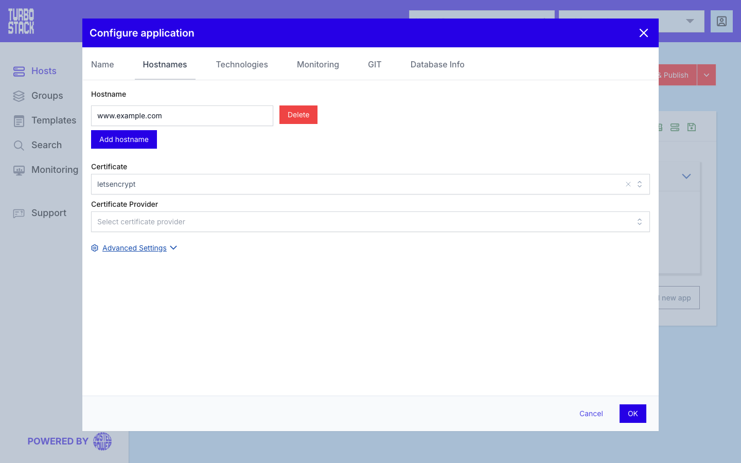 The Hostnames tab with the domain list and certificate selector|1000