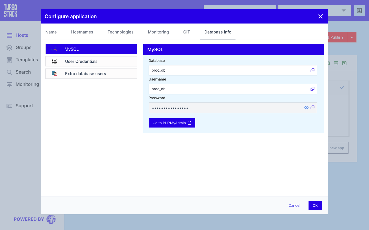 The Database Info tab showing MySQL credentials and extra database users|1000