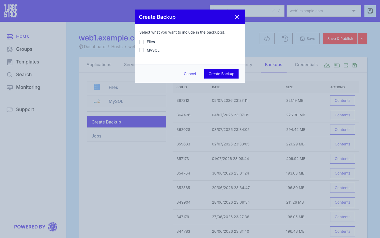 The Create Backup dialog with the Files, MySQL and PostgreSQL options|1000