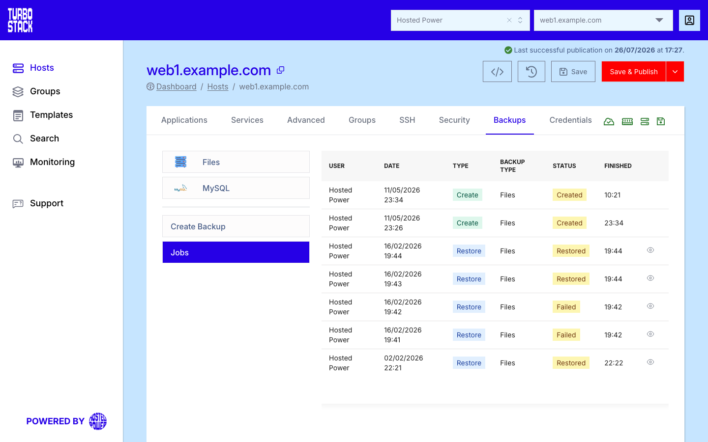 The Jobs list on the Backups tab, with Create and Restore jobs and their statuses|1000