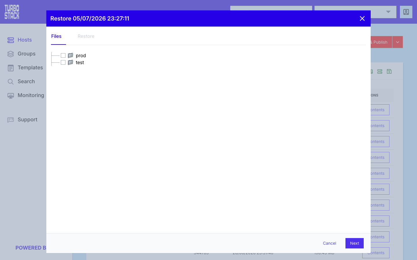 The restore dialog - browse a backup's files and choose a target|1000