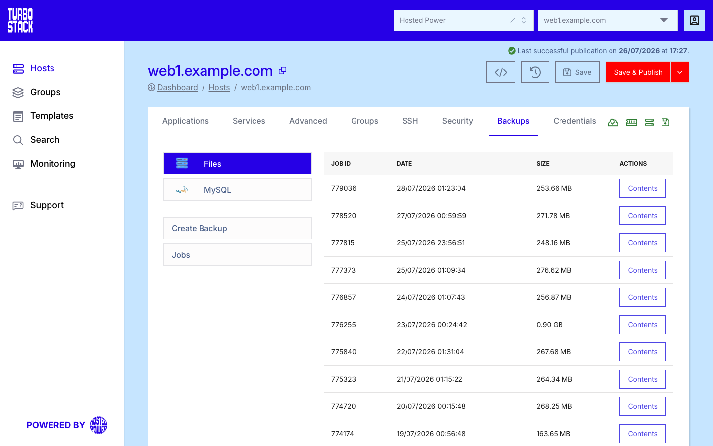The Backups tab of a host|1000