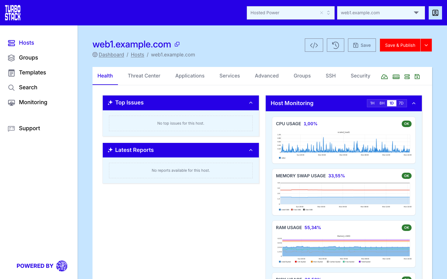 The Health tab of a host with no detected problems, showing the empty Top Issues and Latest Reports panels|1000