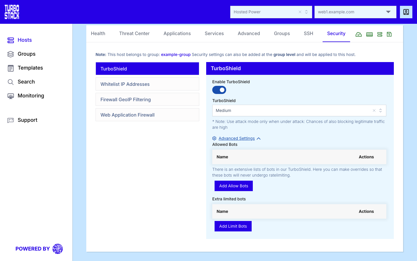 The TurboShield panel on a host's Security tab, enabled at protection level Medium, with Advanced Settings expanded to show the Allowed Bots and Extra limited bots tables