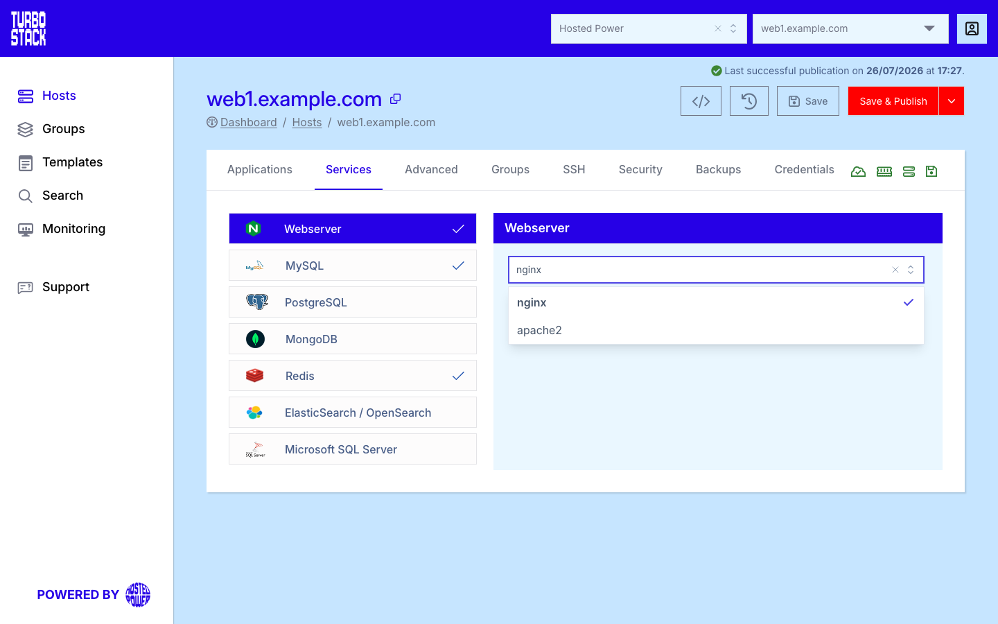 The Webserver panel on a host's Services tab, with the web server dropdown open showing nginx and apache2