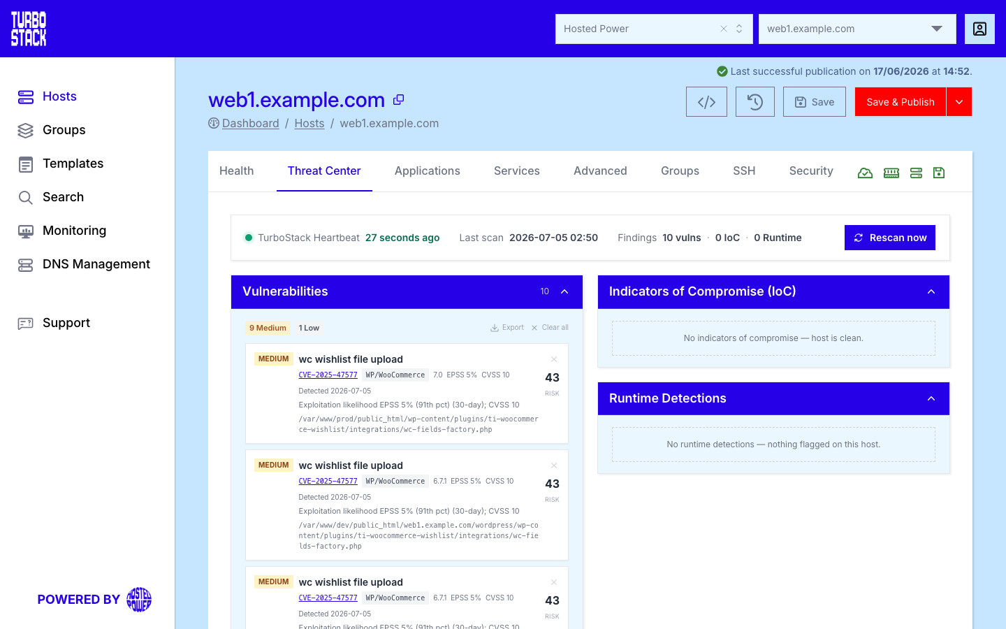 The Threat Center tab showing the findings summary and the vulnerabilities list|1000