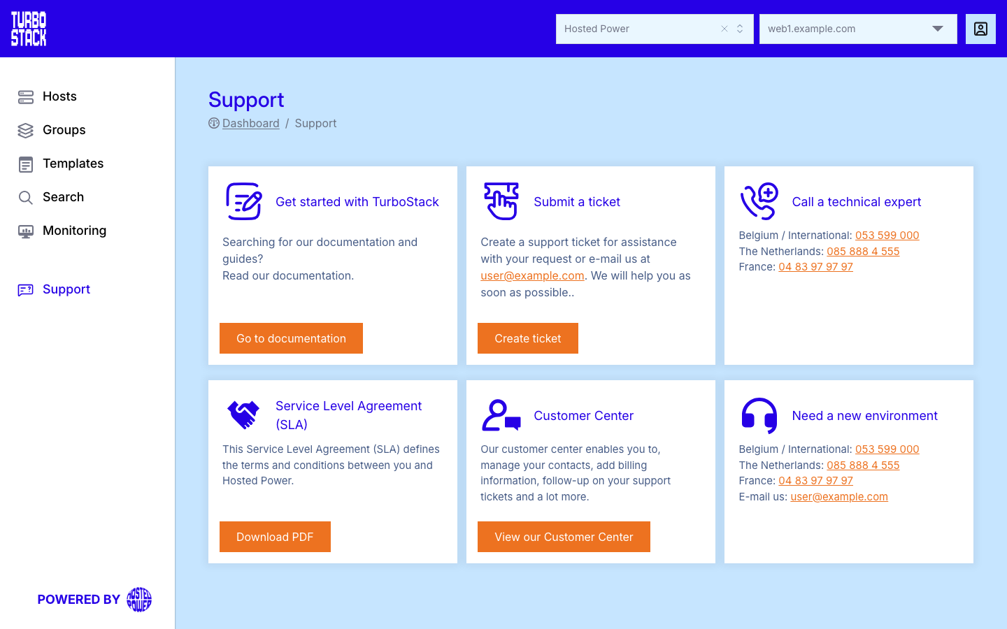 The Support page, with cards for the documentation, submitting a ticket, calling a technical expert, the SLA, the Customer Center and requesting a new environment|1000