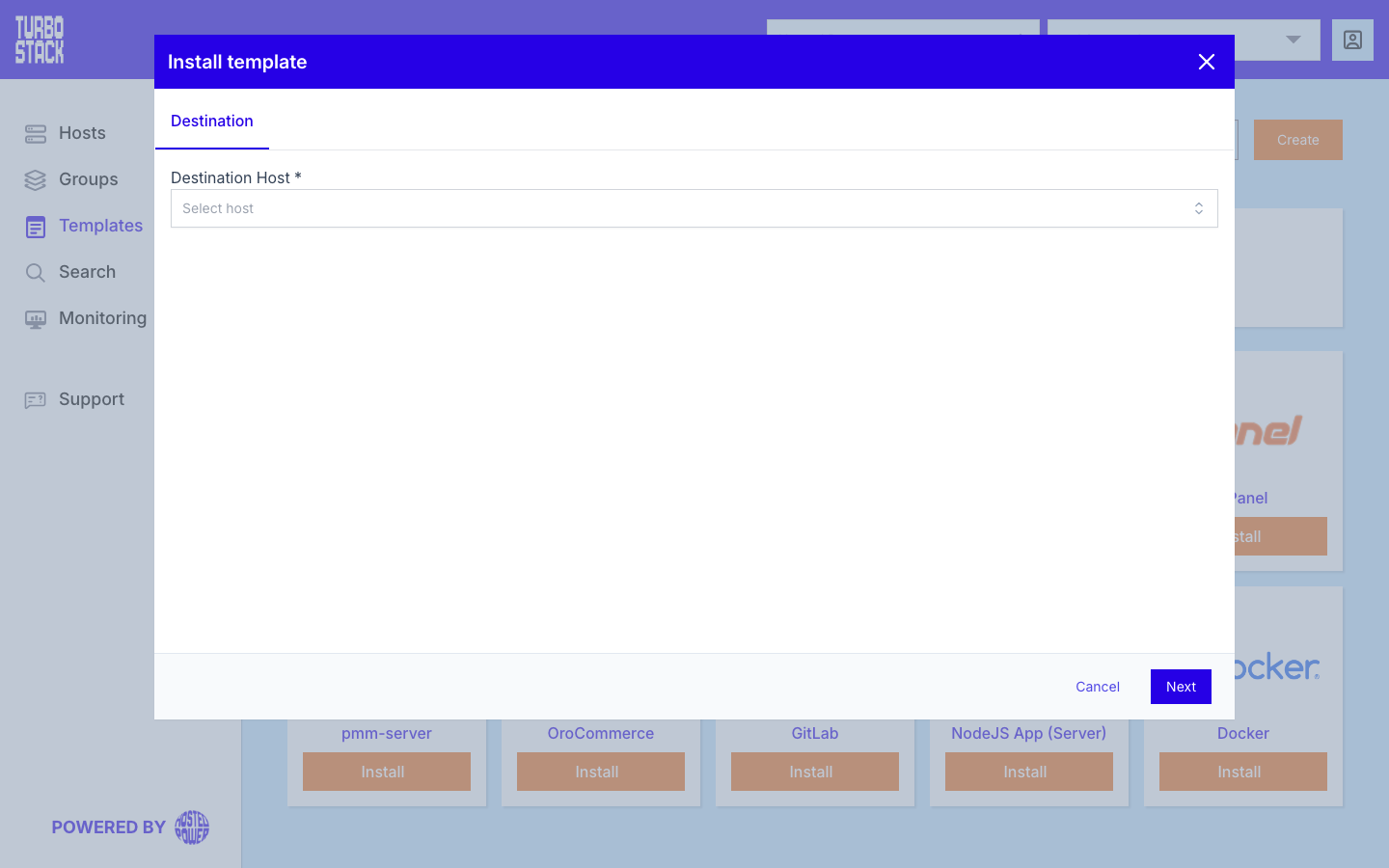 The Install template window on its Destination step, with the required Destination Host selector and the Cancel and Next buttons|1000