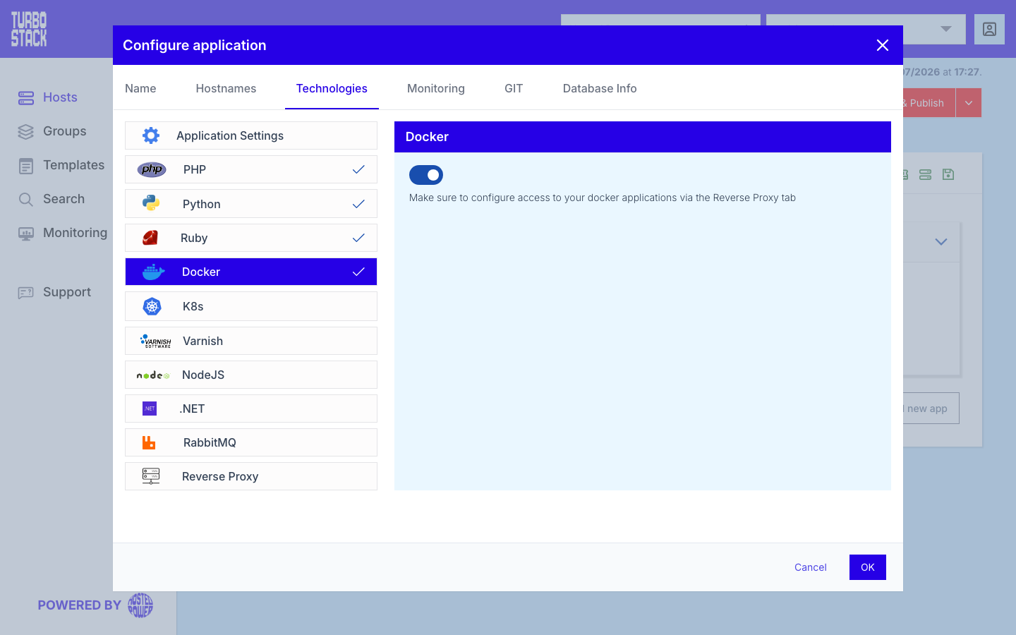 The Docker panel under Configure application > Technologies, enabled, with the note to expose the application through the Reverse Proxy tab