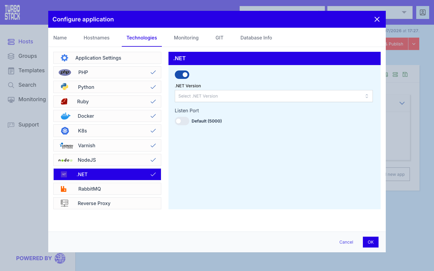 The .NET panel under Configure application > Technologies, enabled, showing the version selector and the Listen Port option defaulting to 5000
