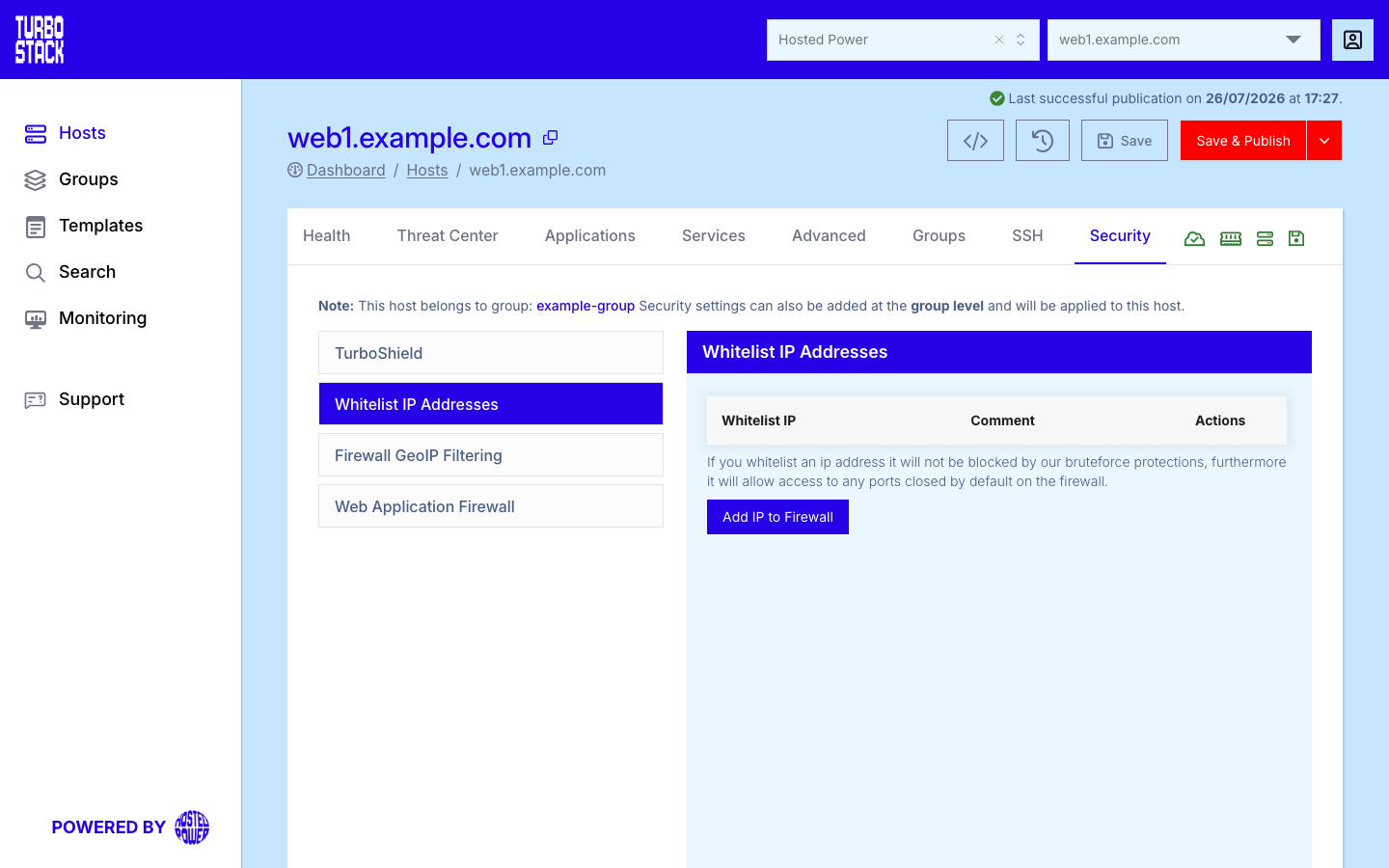 The Whitelist IP / GeoIP / WAF panels on the Security tab