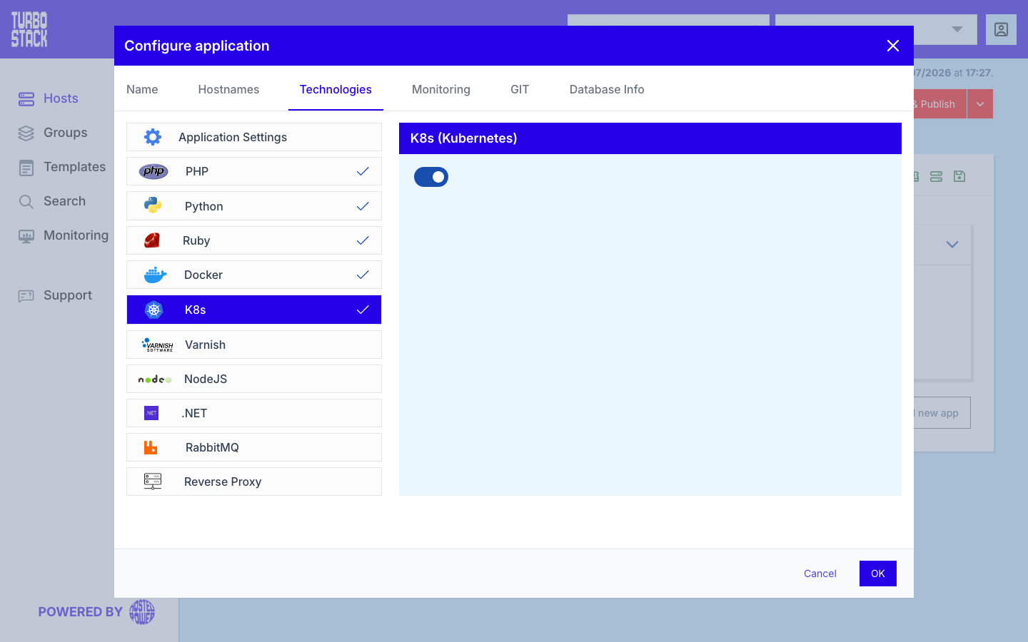 The K8s (Kubernetes) panel under Configure application > Technologies, enabled, which is the panel's only setting