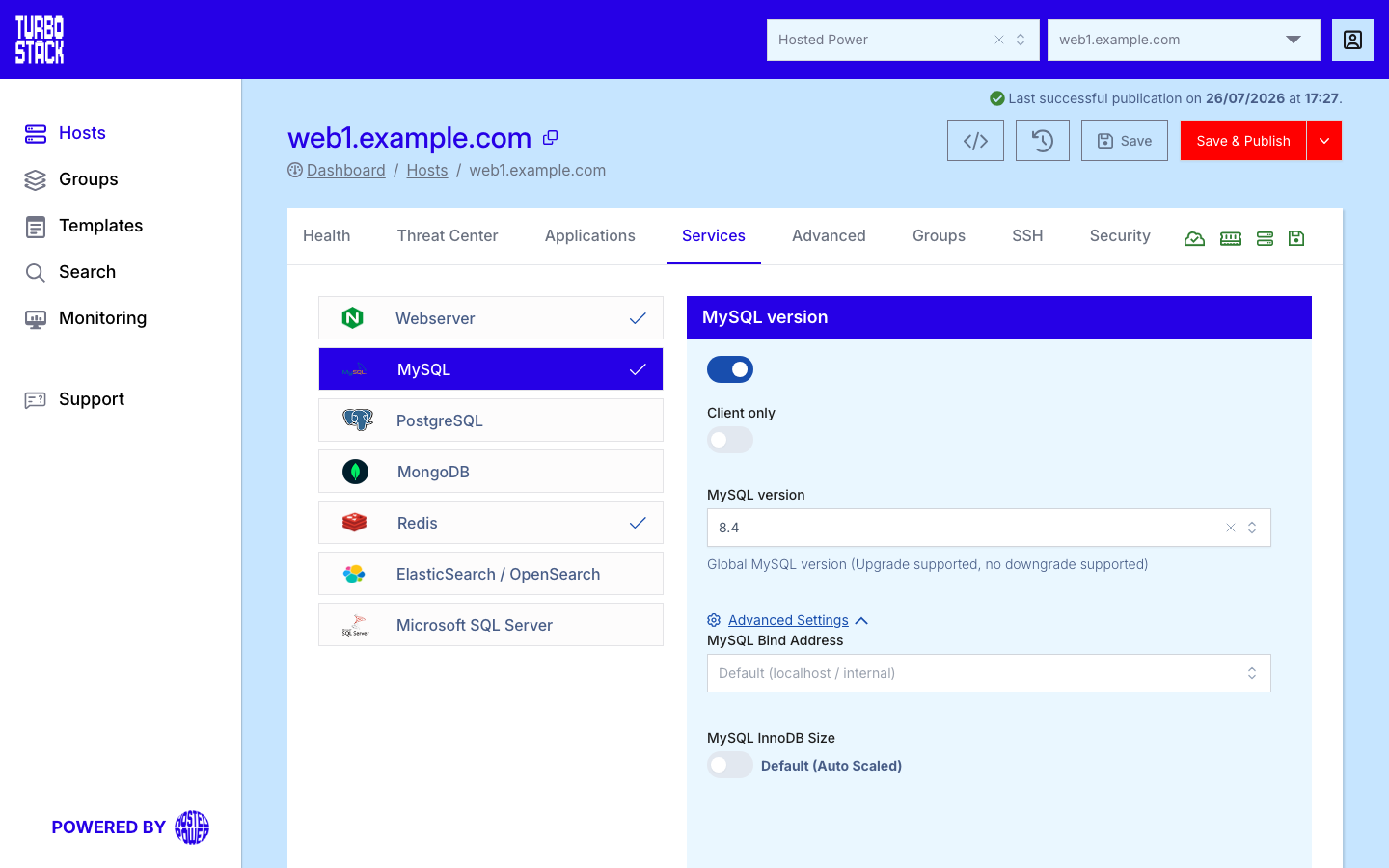 The MySQL panel on a host's Services tab, with the Client only toggle, the global MySQL version, and Advanced Settings expanded to show the bind address and InnoDB size