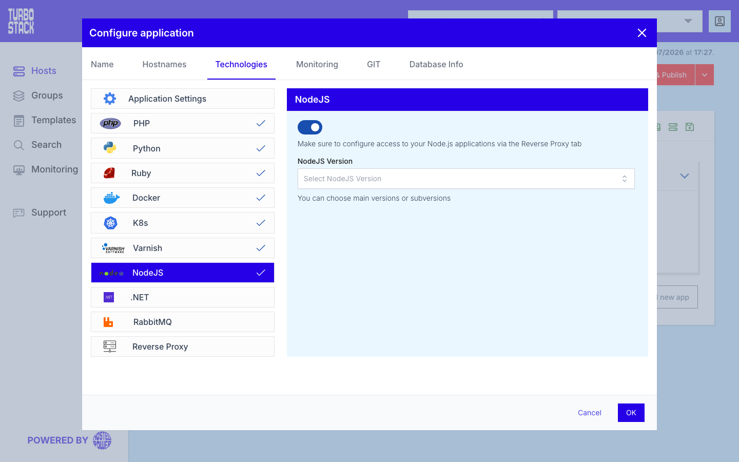 The NodeJS panel on an application's Technologies tab, enabled, with the version selector that accepts a main version or a subversion