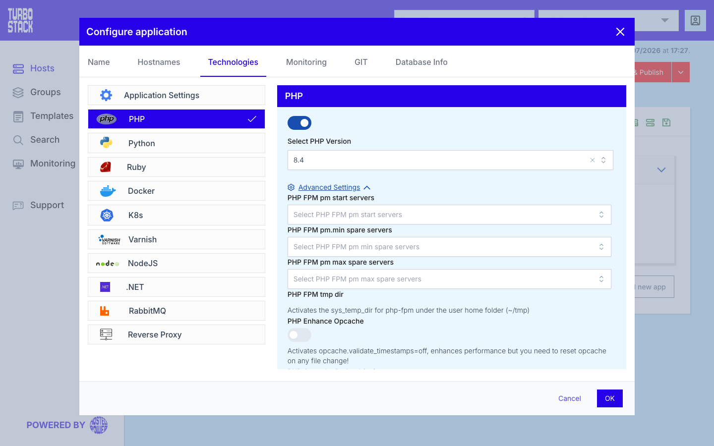 The PHP panel under Configure application > Technologies, enabled, with the Select PHP Version field and Advanced Settings expanded to show the PHP-FPM worker fields, the tmp dir option and Enhance Opcache