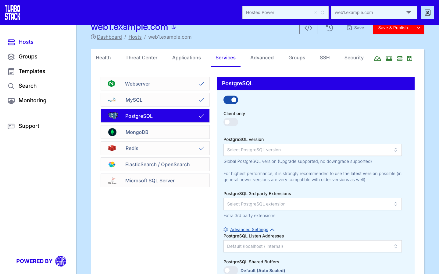 The PostgreSQL panel on a host's Services tab, enabled, showing the Client only toggle, the version field, 3rd party Extensions, and Advanced Settings expanded to show Listen Addresses and Shared Buffers