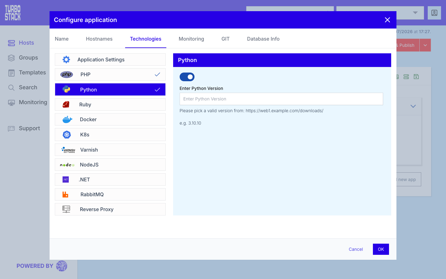 The Python panel under Configure application > Technologies, enabled, with the free-text version field and the pointer to the downloads list of valid versions