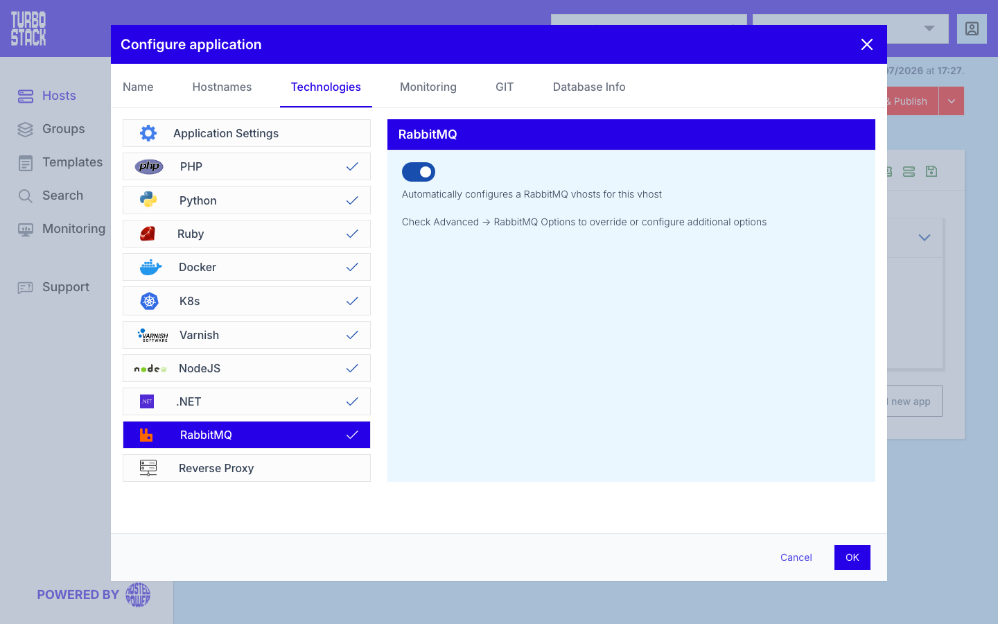 The RabbitMQ panel under Configure application > Technologies, enabled, with the note that a vhost is configured automatically and the pointer to Advanced > RabbitMQ Options|1000