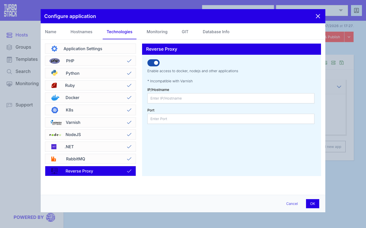 The Reverse Proxy panel under Configure application > Technologies, enabled, showing the IP/Hostname and Port fields, the note that it exposes Docker and Node.js applications, and the warning that it is incompatible with Varnish
