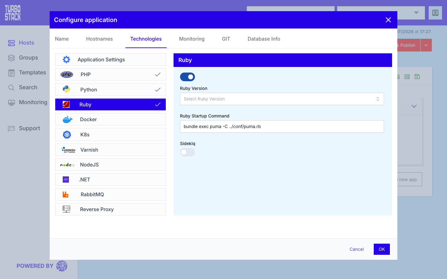 The Ruby panel under Configure application > Technologies, enabled, showing the version selector, the startup command and the Sidekiq toggle