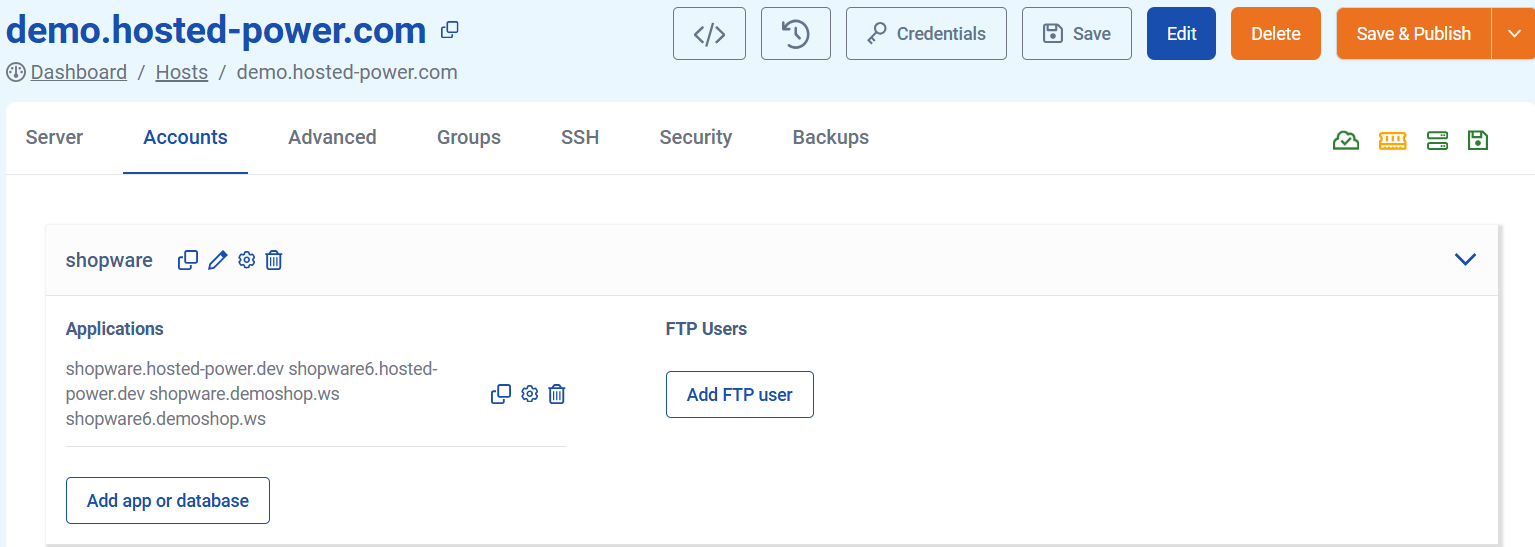 Accounts tab showing FTP users