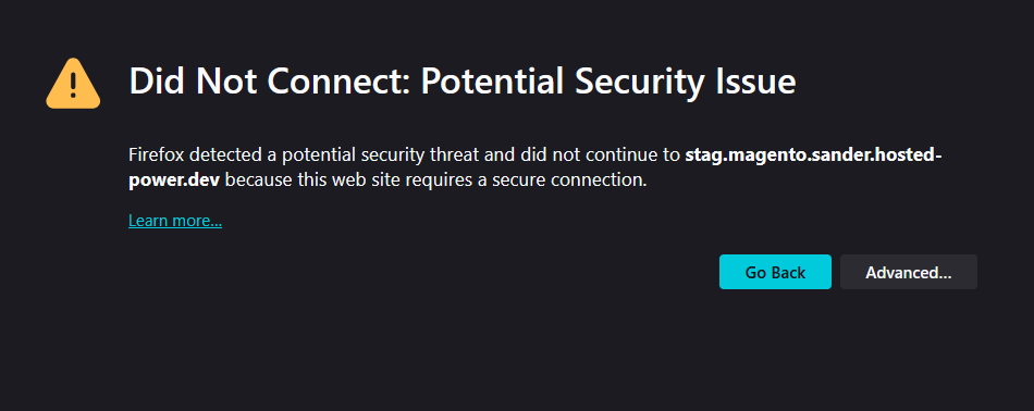 screenshot of Firefox error message "Did Not Connect: Potential Security Issue"