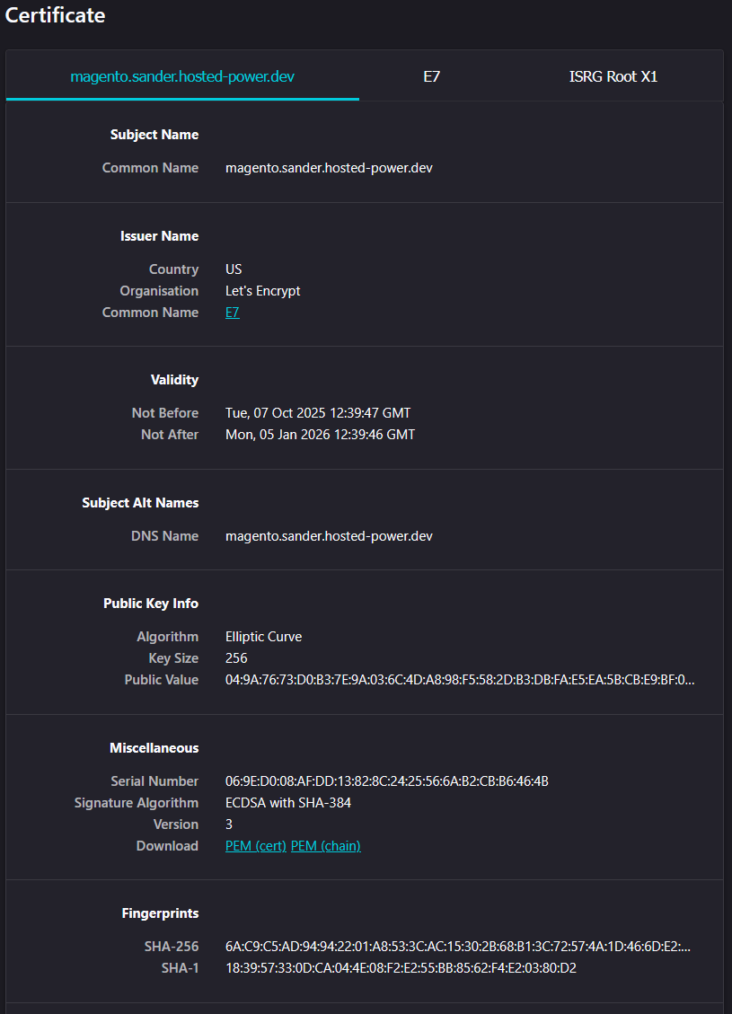 Screenshot of a Let's Encrypt signed certificate detail page, detailing the issuer information and CA certificates
