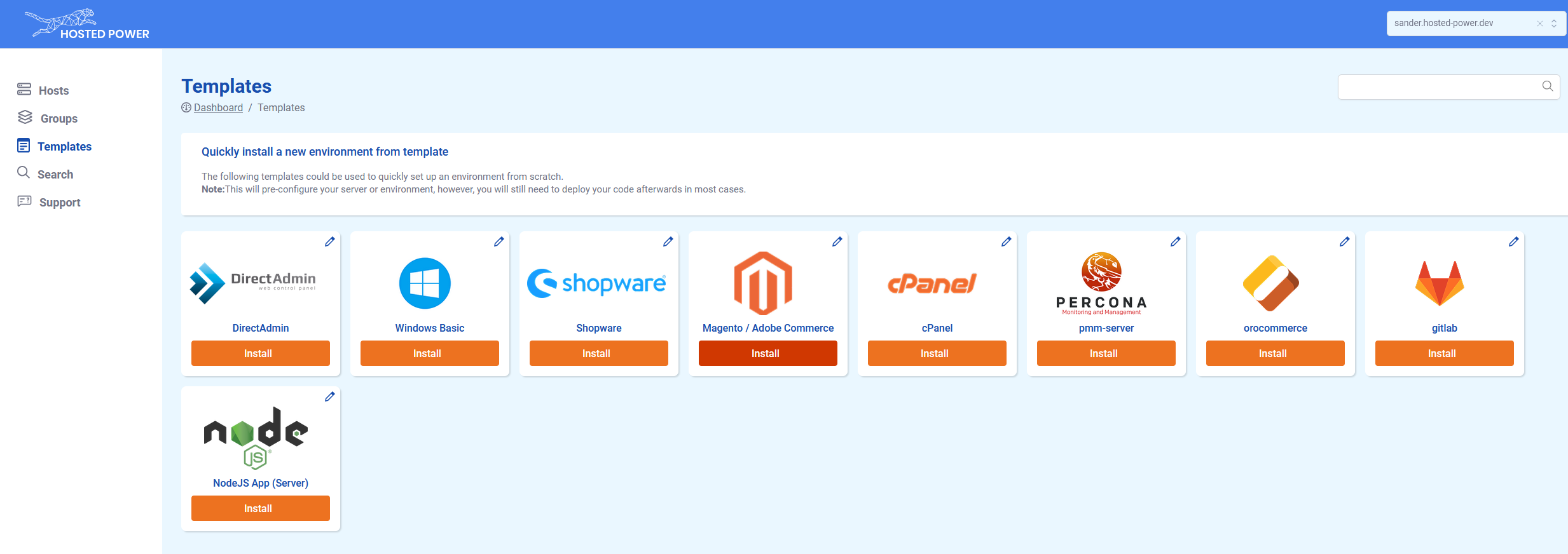 TS app screenshot showing the Templates option with the Magento template selected